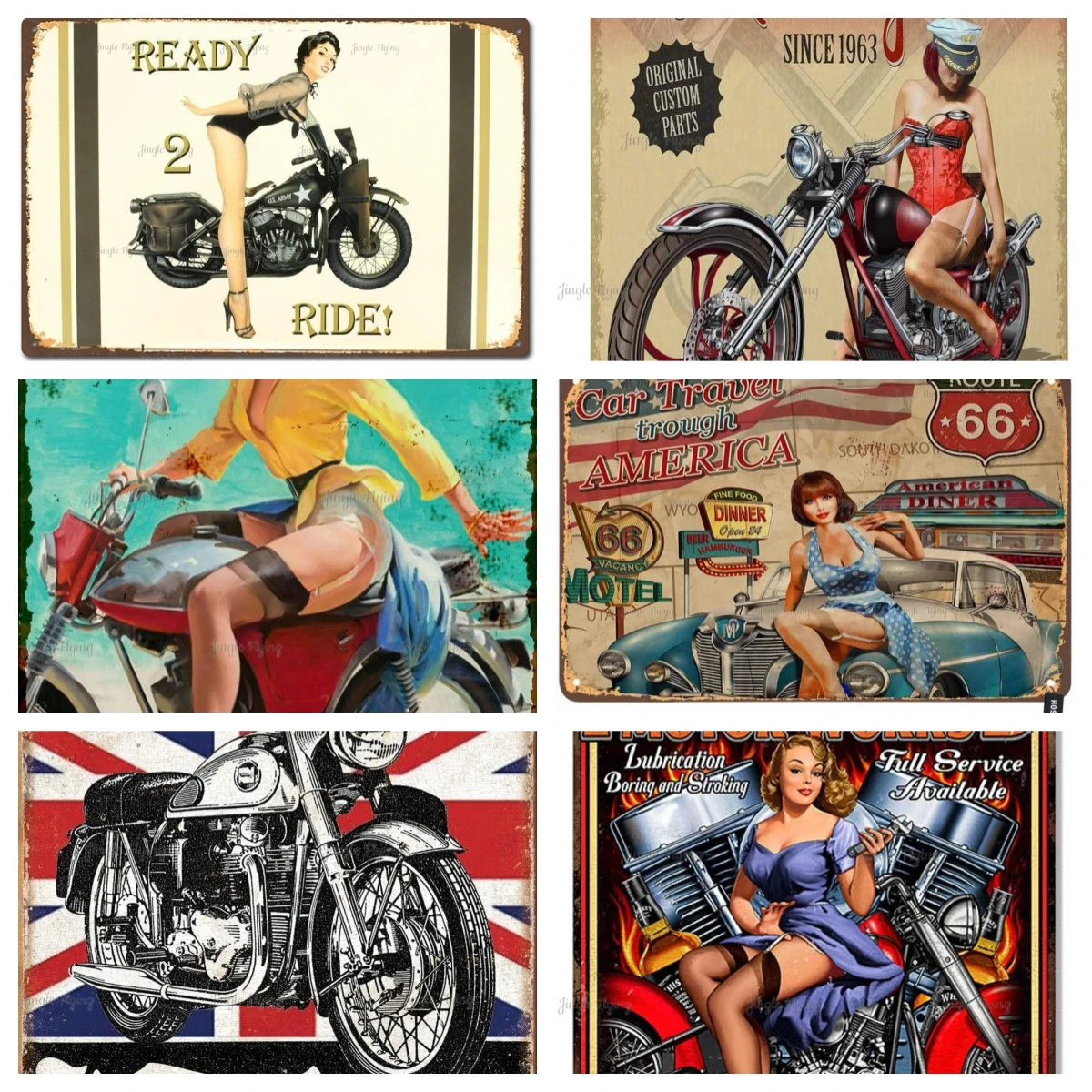 Motorcross Pin Up Girl Panhead Motor Works Targa In Latta Vintage Car Travel Through America Vintage Metal Tin Signs Wall Art Decor