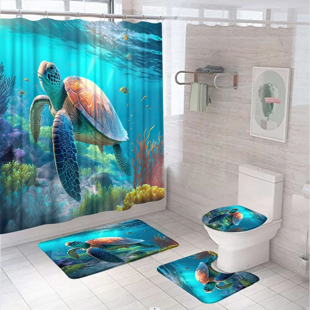 Sea Turtle Shower Curtain Set Blue Ocean Funny Animal Fish Coral Bathroom  Curtains Fabric Screen With Bath Mat Rug Toilet Cover - AliExpress