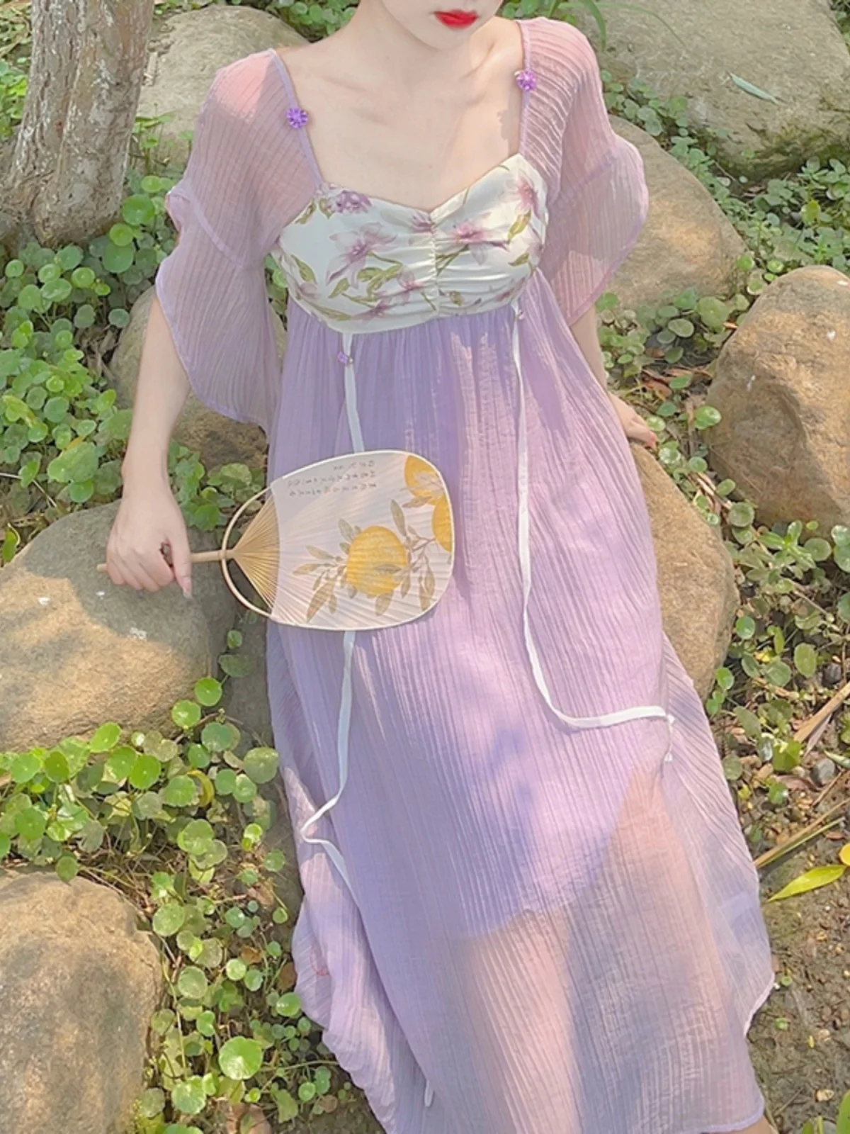 

Chinese Classical Palace Style Improvement Hanfu Gentle White Fairy Long Dress Summer High Waist Slim Dress