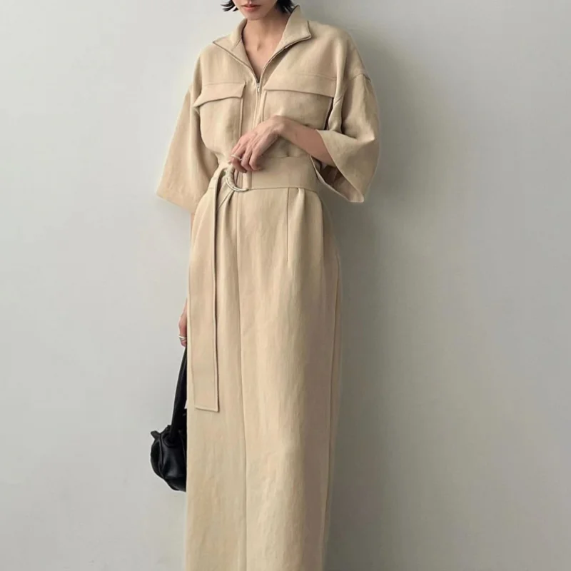 

2023 Spring and Summer Short-sleeved High-waisted Shirt Dress Lace-up Women Dress