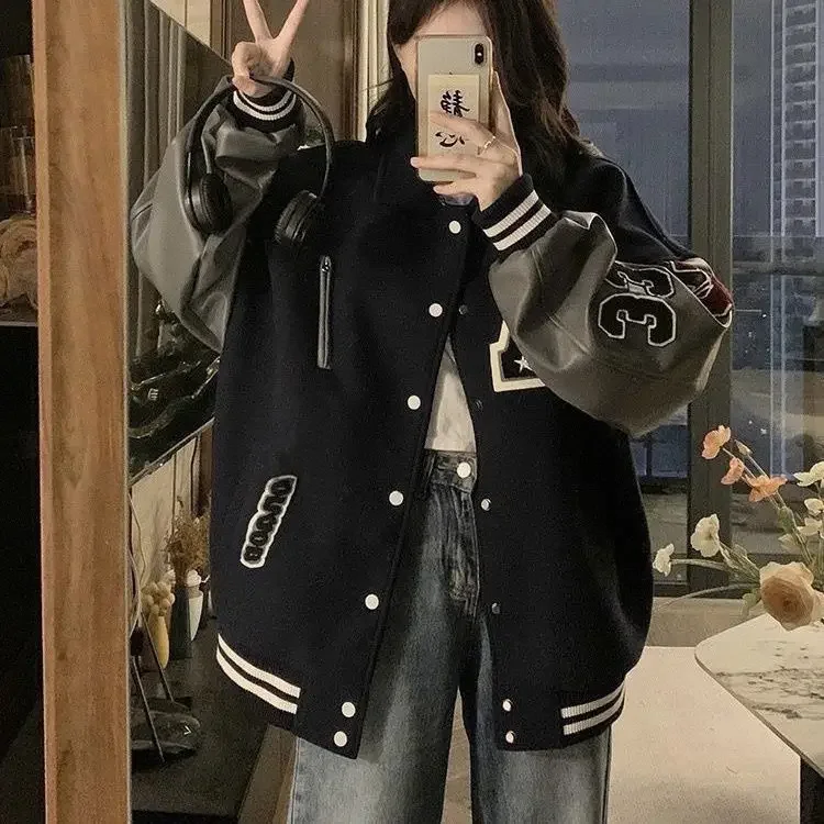 스티치 스탠드업 칼라 야구 유니폼, Y2K 레트로 루즈한 용수철, 가을 하이엔드 자수 야구 유니폼, 2024 새로운 스타일