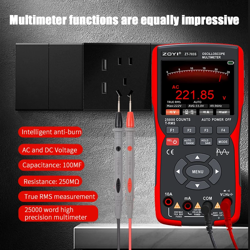 ZOYI ZT703S 702S Digital Oscilloscope Multimeter Transistor Tester 50MHz Bandwidth 280MS Sampling Rate Support Waveform Storage 5