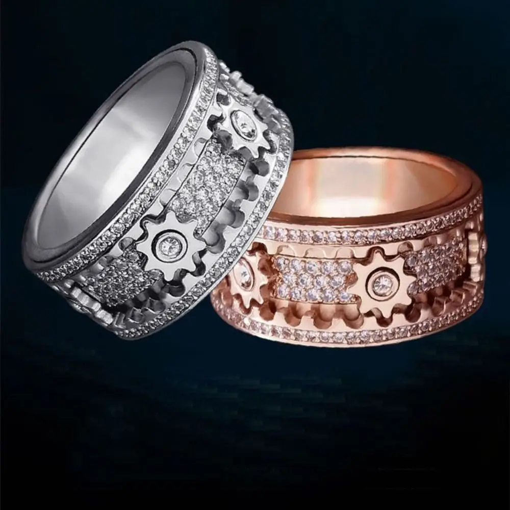 Handmade Diamond Ornate Geometric 3D Band Ring Gear Spinner Rings Rotating Mechanical Decompression Anxiety Ring Women Men rotating ring