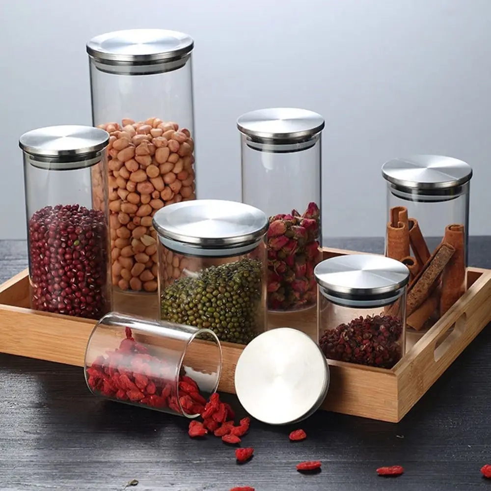 Leakproof Storage Glass Jar Transparent Moisture Proof Airtight Food Container Stainless Steel Lid