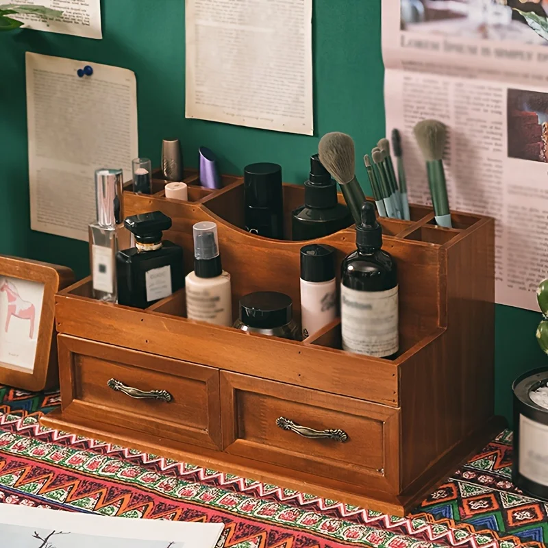 Organizer da scrivania in legno di ispirazione vintage: scomparti multipli per cosmetici e articoli per ufficio, ideale per l'arredamento della casa - immagine 5