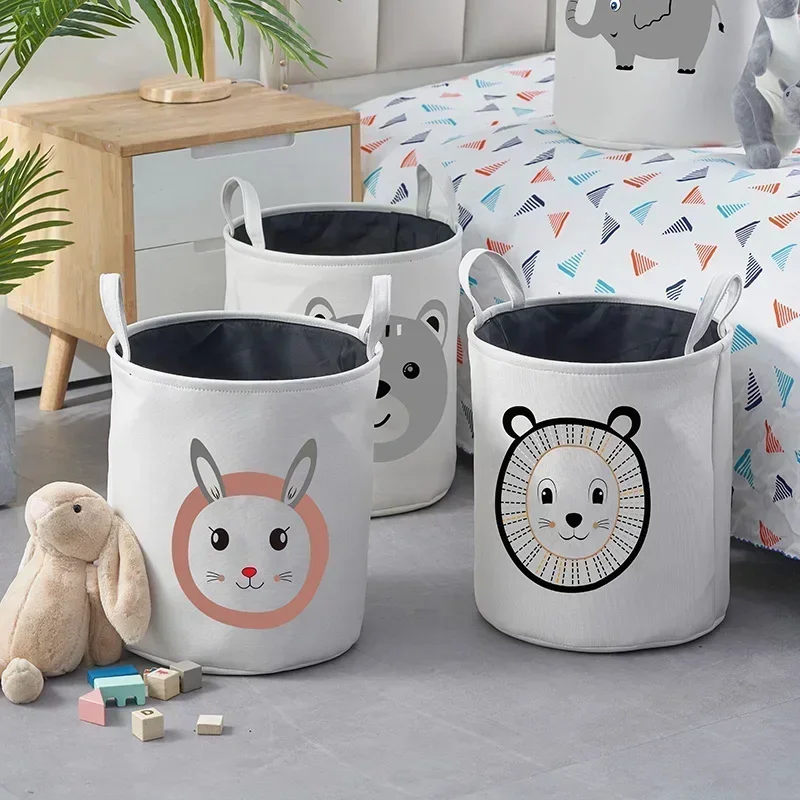 Round Laundry Hamper Fabric Cartoon Lion Rabbit Elephant Bear Storage Basket for Kids Home Bedroom Nursery Clothes Toy Container 3