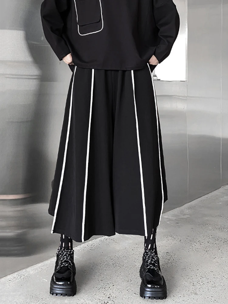 [EAM] High Elastic Waist Black Striped Long Wide Leg Pants New Loose Fit Trousers Women Fashion Tide Spring Autumn 2026 1DF1509