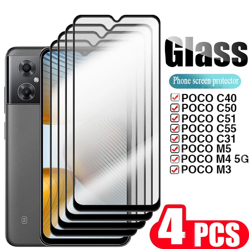 

4PCS 9D cover Tempered glass For xiaomi Poco C51 C55 M4 5G M5 C40 C50 M3 C31 F5 Pro screen protector protective film smartphone