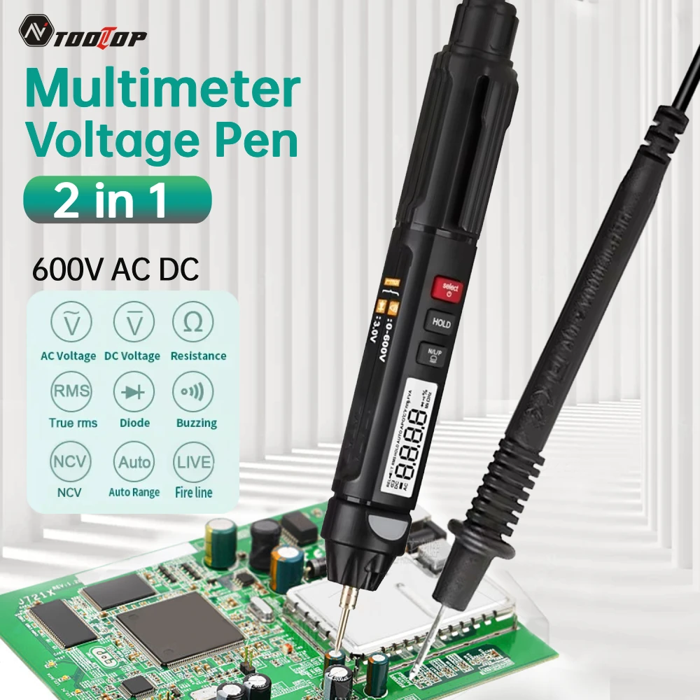 TOOLTOP ET8903 600V Pen Type True RMS Digital Multimeter Auto Ranging 4000 Counts AC DC Voltage Resistance Buzzer NCV Test Digital Multimeter Multimeter Tester