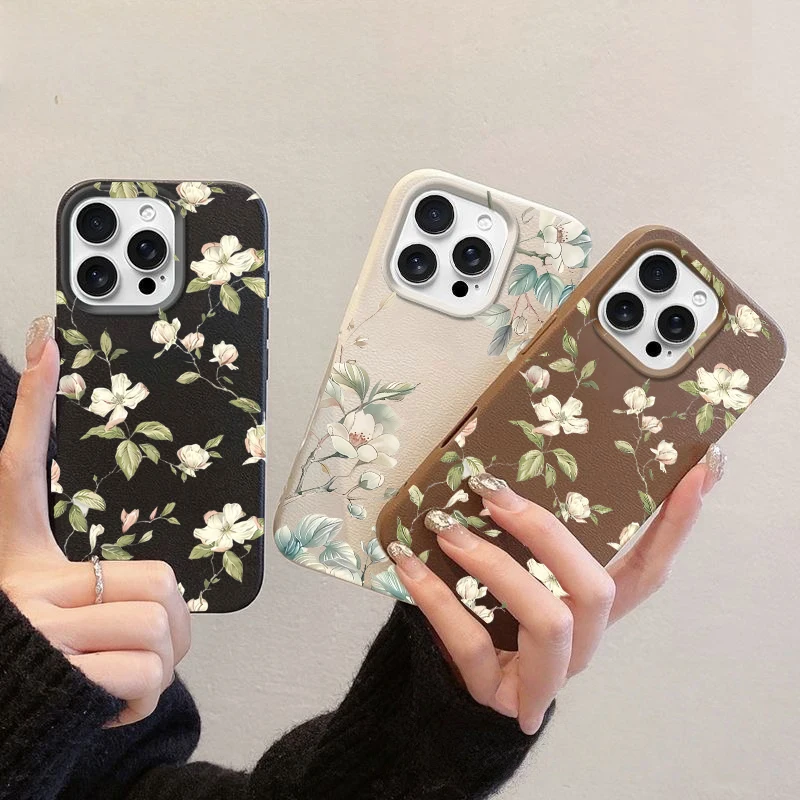 Charming White Floral Leaves Silicone Leather Phone Case