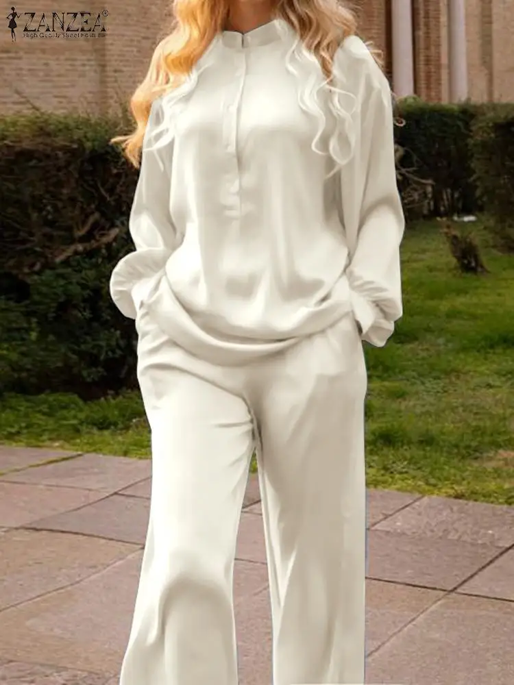 

ZANZEA Vintage 2 Piece Outfits 2023 Autumn Women Solid Pants Sets Casual Long Sleeve Tops Sets Holiday Wide Leg Trousers Suits