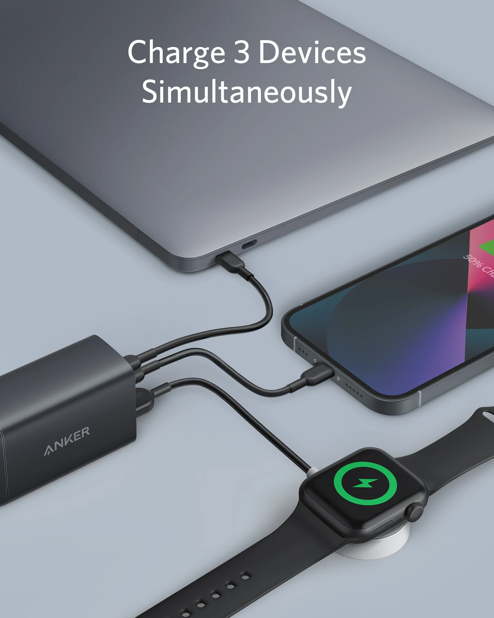 מטען ננו Anker, 65W 3 יציאות מהיר קומפקטי מתקפל USB C, עבור MacBook Pro/Air, iPad Pro, Galaxy S20, iPhone 17/16 Pro