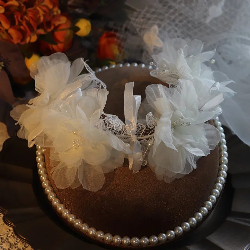 Bridal New Lace Design Headband Pearl Asymmetrical Flower Ear Clips Wedding Hairbands Set