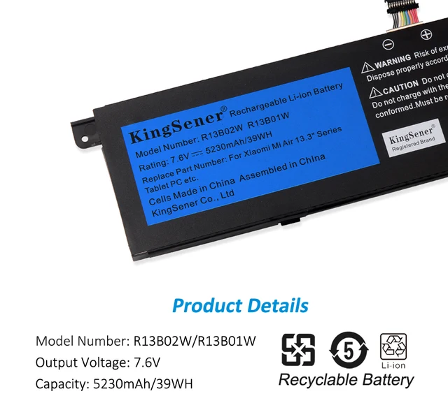 Kingsener 7.6V 5230mAh New R13B01W R13B02W Laptop Battery For Xiaomi Mi Air 13.3" Series Tablet PC 39WH 5