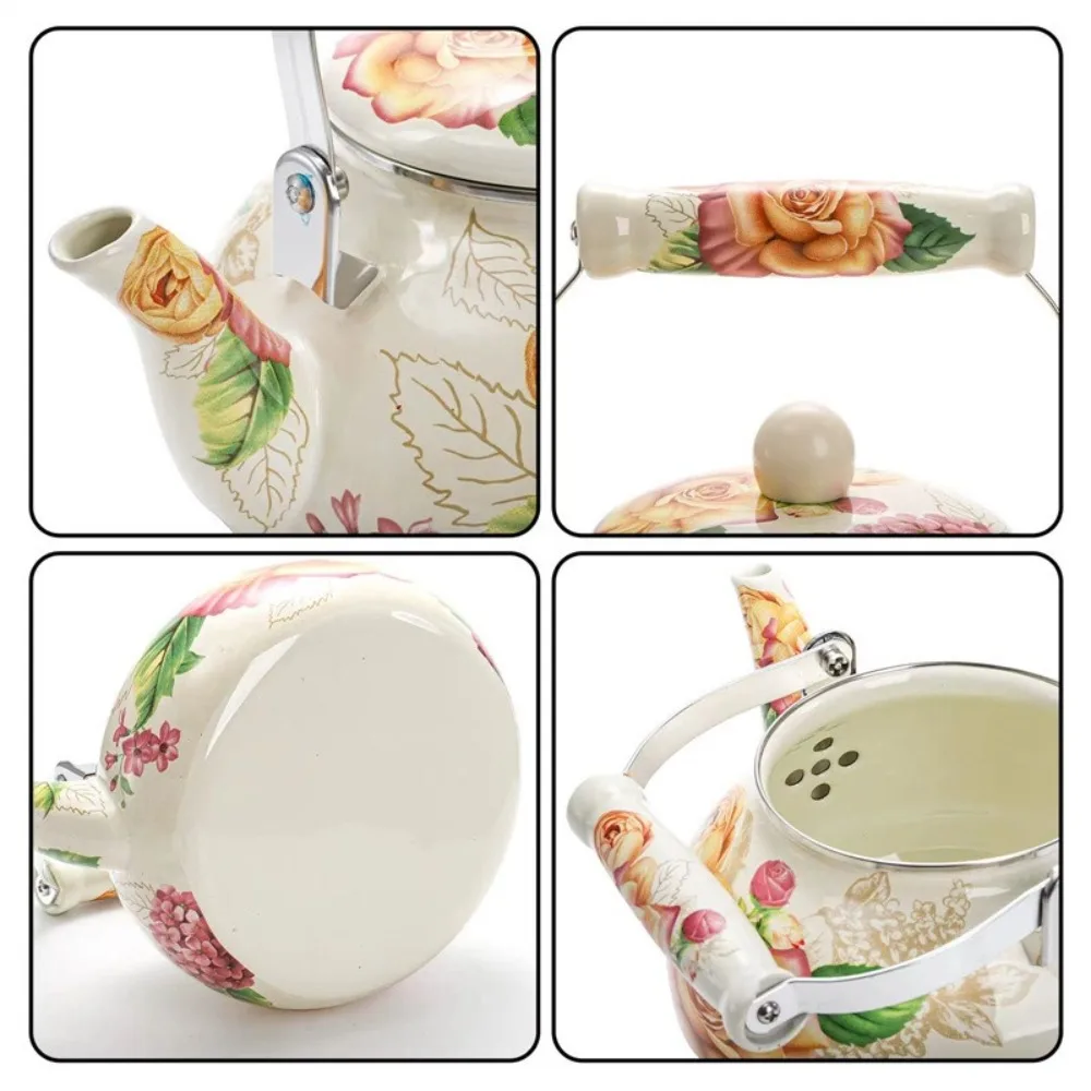 Chinese Style Enamel Teapot Floral Enameled Antiscald Handle Gas Water Kettle 2.5L Pear-shaped Tea Jug Gas Induction Cooker