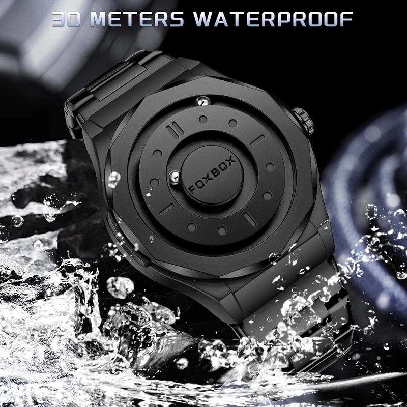 FOXBOX New Rolling Pointer Magnetic Force Waterproof Watch For Men Black Stainless Steel Sport Men Quartz Watches Reloj Hombre