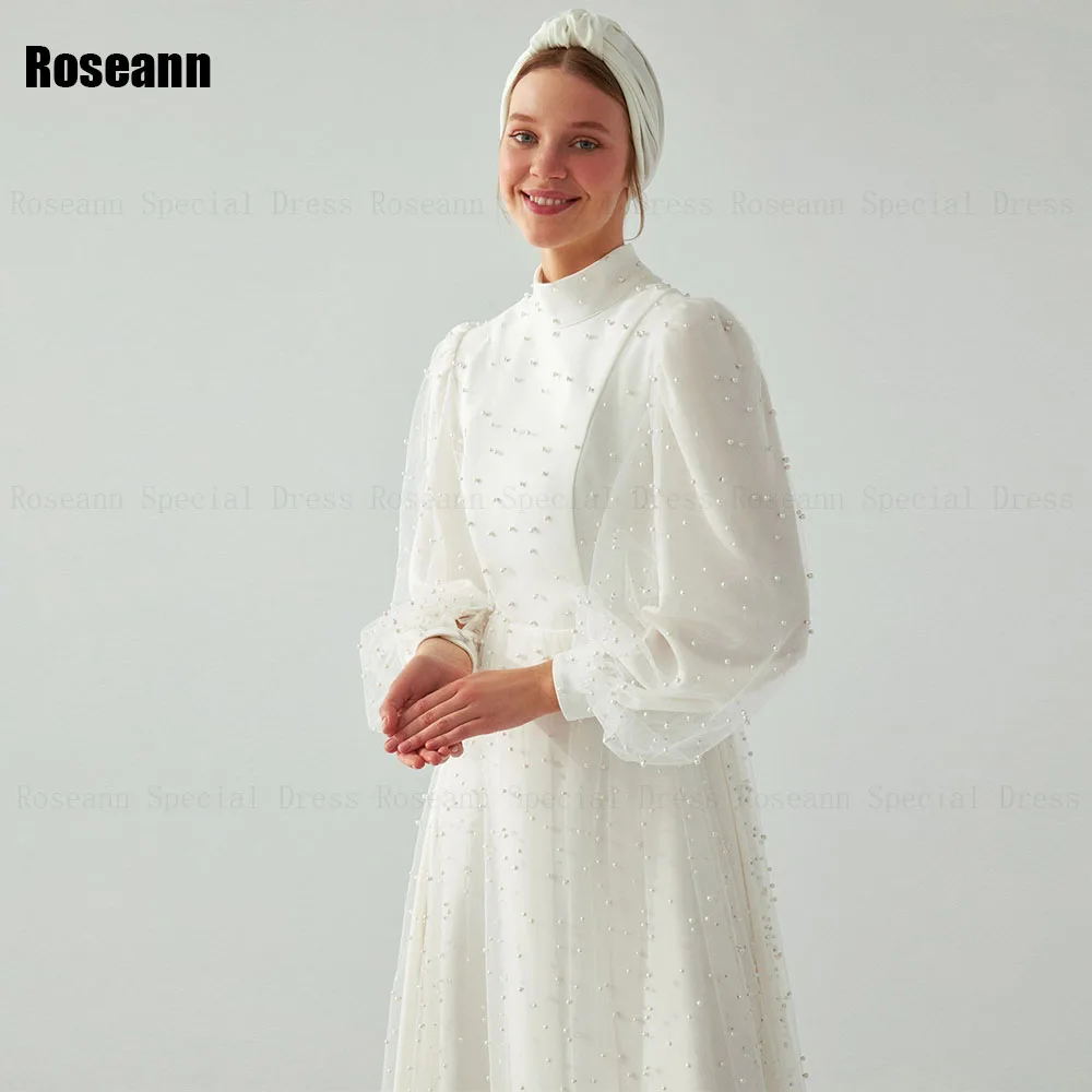 

Muslim Simple High Collar Ivory A-line Wedding Dresses Draped Pleat Pearls Tulle Satin Bride Gown Floor Length robe de mariée