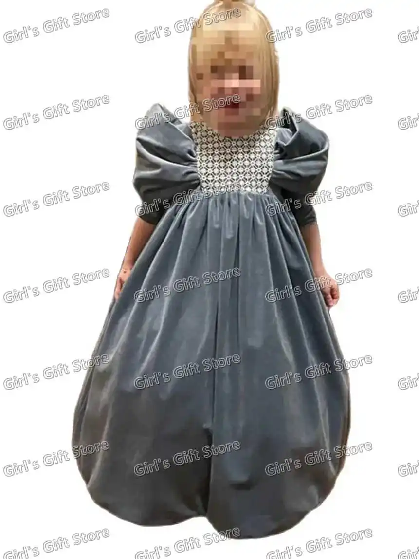 Velvet Flower Girl Dresses For Wedding Winter Unique Puffy Sleeve Pricness Dress Hollow Out Lace First Communion Gown Customize
