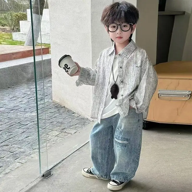 2025년 신상 남아 봄 가을 스트라이프 자켓 슬림핏 경량 캐주얼웨어 트렌디 슬림 셔츠 대비 스티치