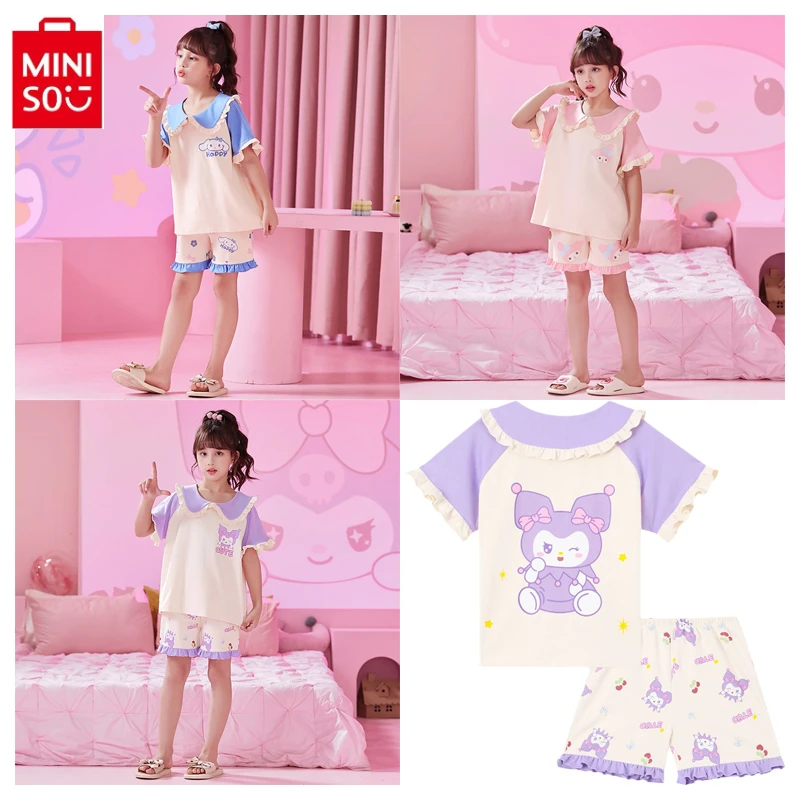 

MINISO Sanrio Anime Kawaii Cartoon Princess Collar Pajama Set Kuromi Cinnamoroll My Melody Short Sleeved Shorts Home Clothing
