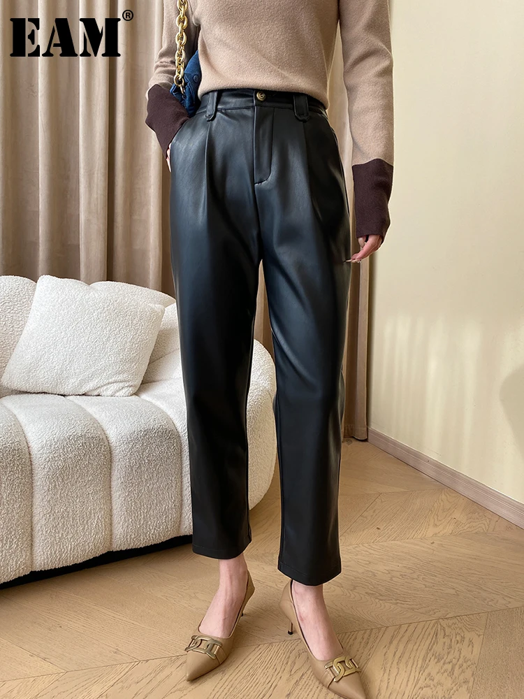

[EAM] High Waist Coffee PU Leather Ankle Length Pencil Pants New Fit Trousers Women Fashion Tide Spring Autumn 2024 1DH3520