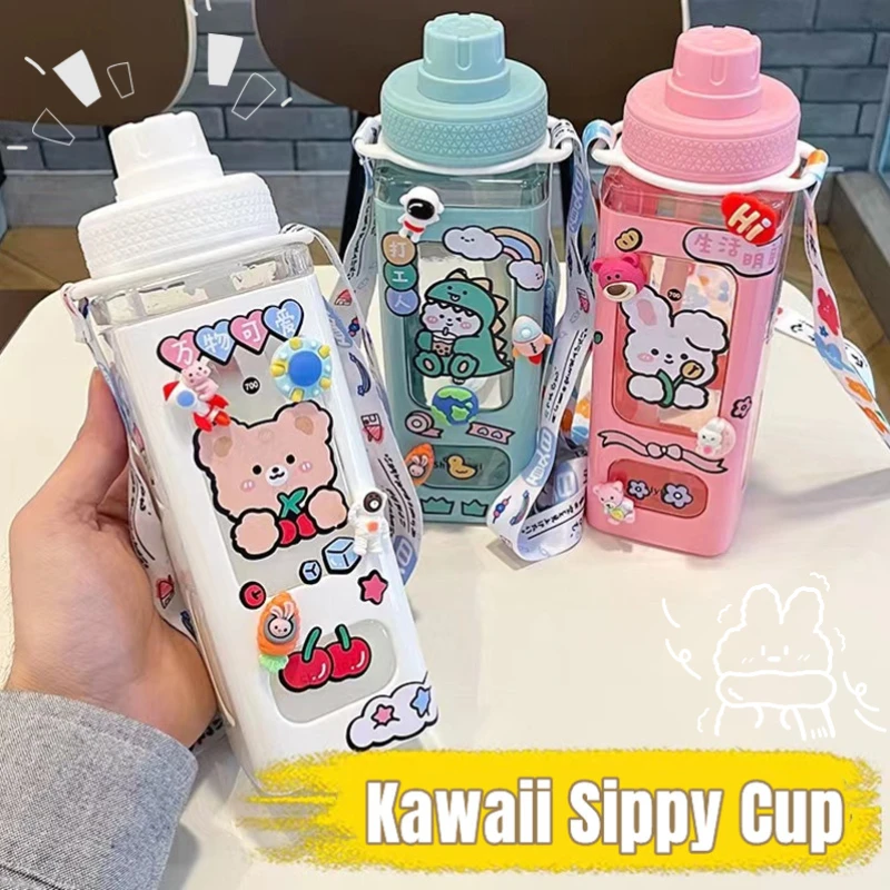 Cute Kids Water Bottles with Straw Cute Water Leak Proof Bottles Portable Leakproof Water Jug Plastic Fruit Juice Travel Water Bottle for Kids/Girl/