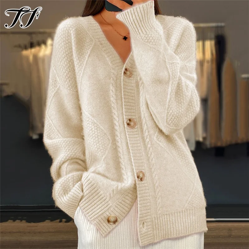 

Women's Jacquard Weave Cardigan Lady Autumn Winter Solid Diamond Knit Sweater Women Elegant Casual Long Sleeve Button Cardigans