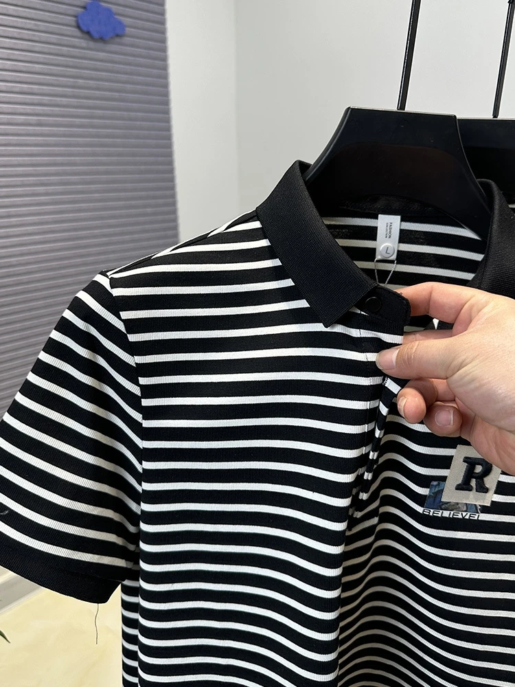 High end brand embroidery men short sleeve polo shirt fashion black white striped summer comfort breathable youth trend T-shirt 15 S0dac230fc547466a9681b5c24e82d7941
