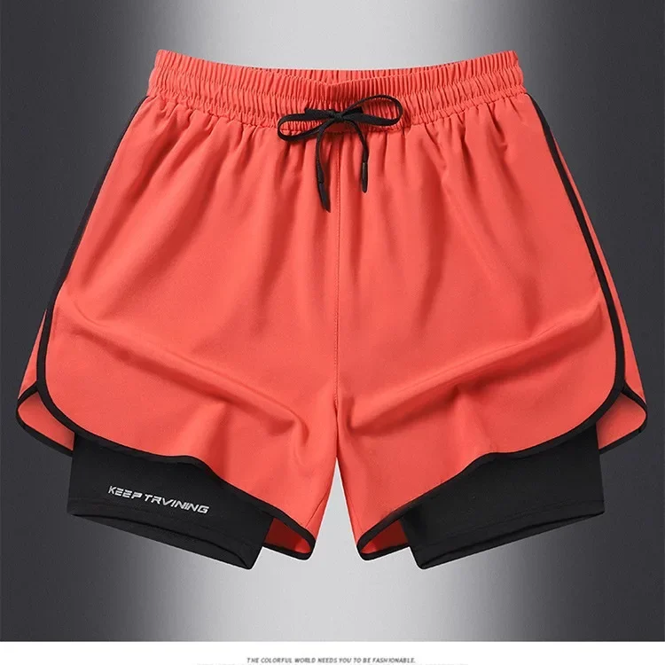 Summer Casual Sports Three-Quarter Anti-Exposure Double-Layer Couple Shorts Quick-Dry Ice Silk Elastic Training Fitness Pants