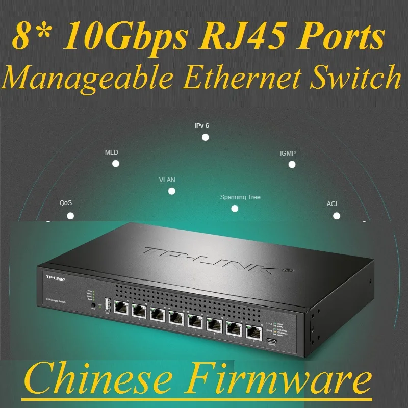 

8* 10Gbps RJ45 Ports Manageable Ethernet Switch 10000Mbps Ethernet Network Switch 16K MAC, Type-C Console USB Port Chin-Firmware