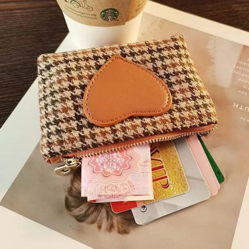 Retro Houndstooth Coin Purses Cute Heart PU Leather Canvas Patchwork Texture Money Bag Zipper Wallet Mini Lipstick Storage Purse