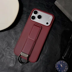 Enhanced Silicone Protective Phone Case with Metal Ring Wrist Strap and Kickstand Bracket - iPhone 15 Plus (Wine Red)