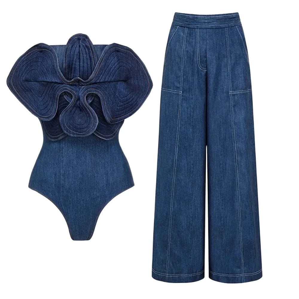 2024  Swimsuit set Off Shoulder 3D Flower denim printed One piece Bodysuit  Women Swimwear Beachwear Bikinis Bathing suit