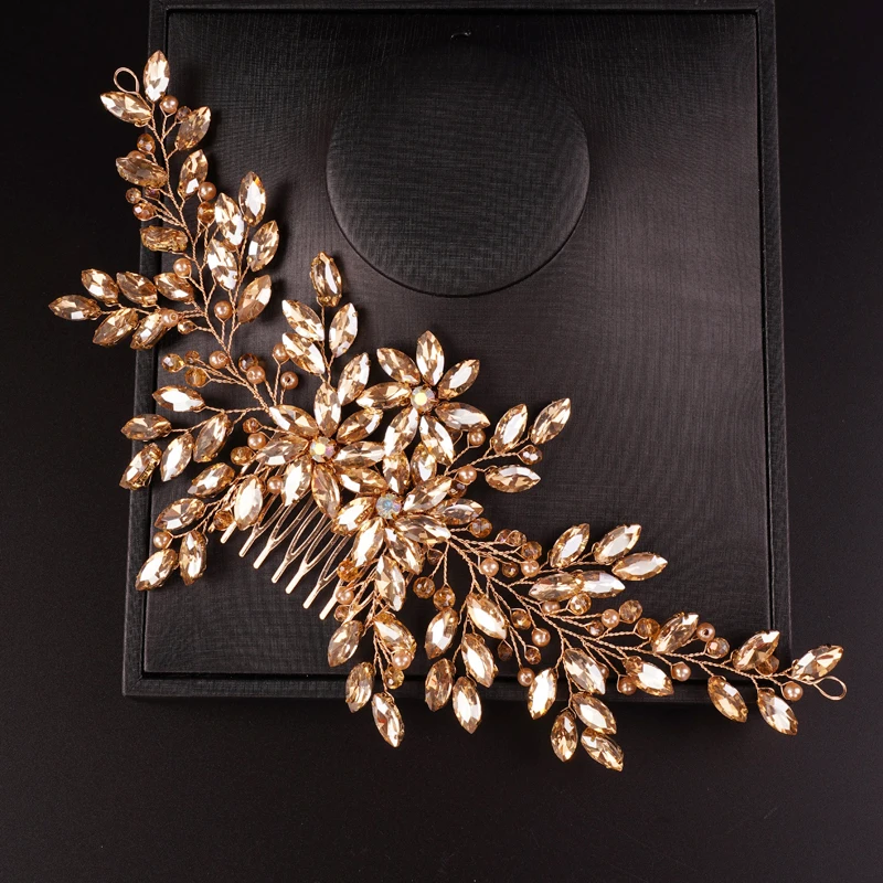 Hair Accessories Bridal Hair Accessories Bride Women Large Crystal Wedding Hair Comb Champagne Bridal Side Comb Full Rhinestone Hair Accessorie for Women and Girls