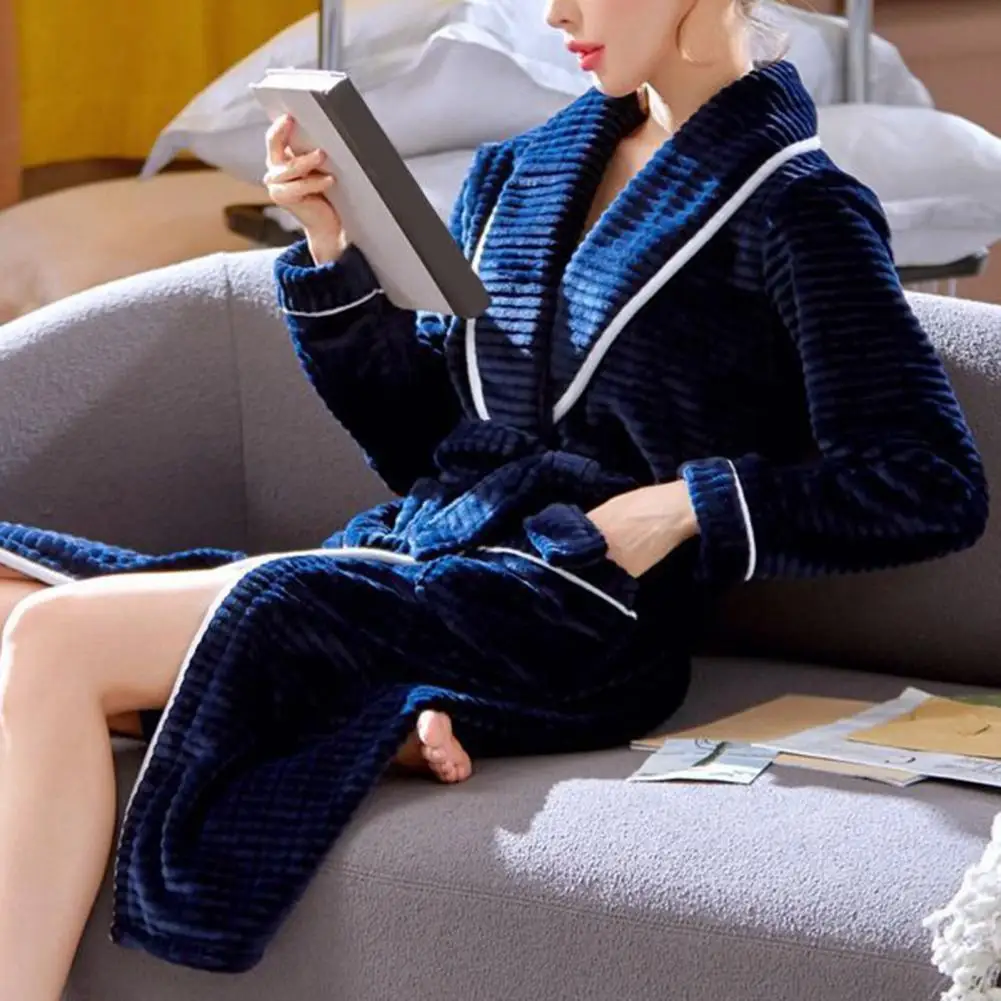 

Women Winter Bathrobe Cozy Coral Fleece Nightgown Warm Lace-up Belt Lapel Pockets Soft Absorbent Mid-length Homewear for Women