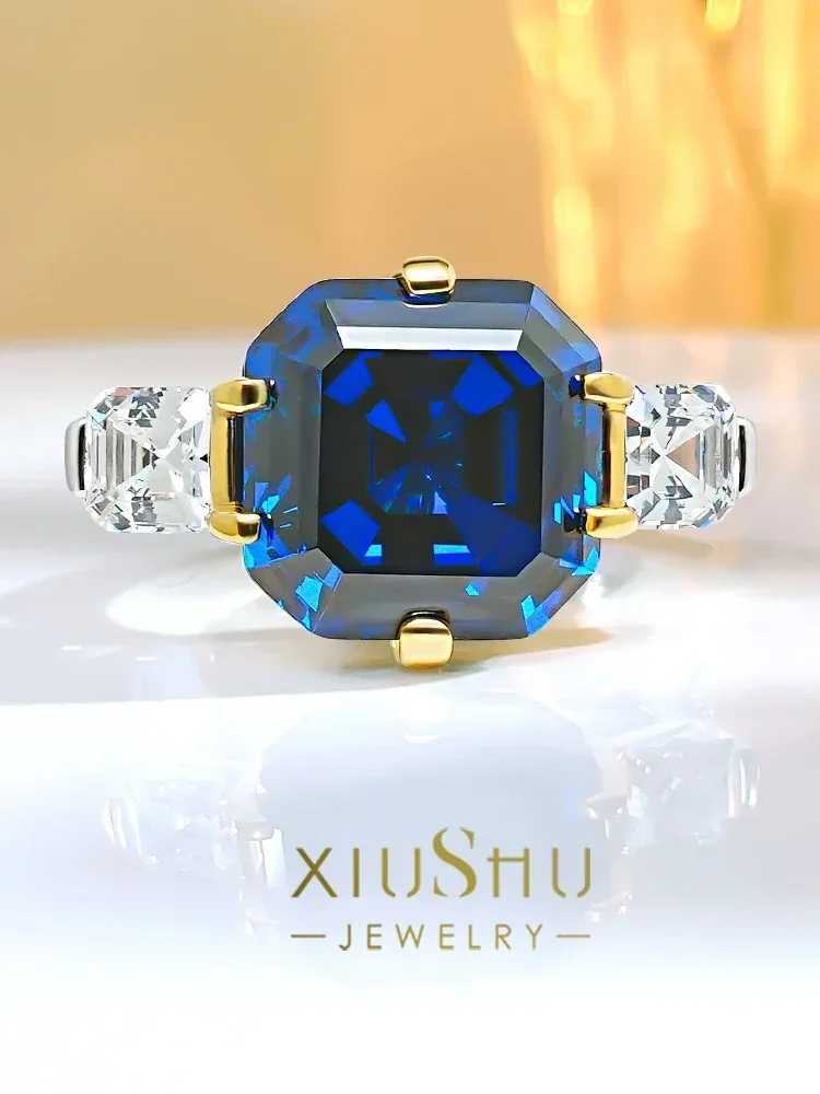 

Fashionable 925 sterling silver artificial blue treasure ring set with high carbon diamond temperament wedding jewelry