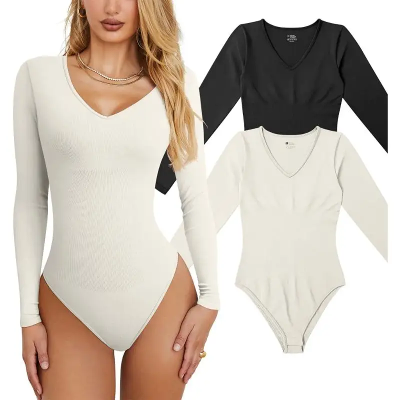 

Women V-Neck Long Sleeve Thong Bodysuit Plain Solid Color Skinny Bodycon Romper Top Ribbed Knit Empire Waist Jumpsuits