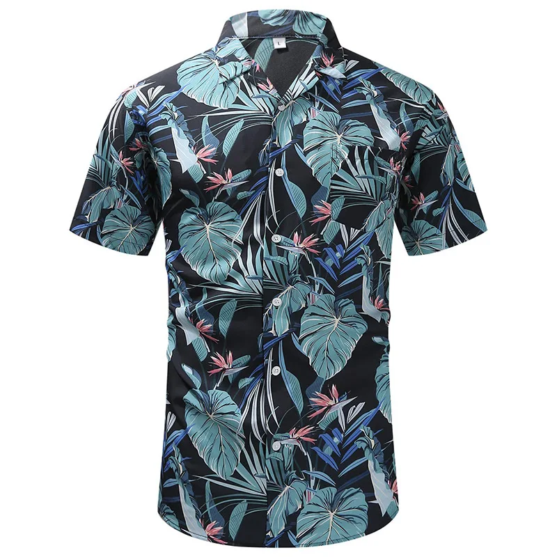 thumbnail image 1 of Camisa de manga corta de poliéster de verano para hombre, con estampado de hojas de madera, camisas hawaianas para playa, blusa informal para hombre, ropa para hombre, 1 of 4