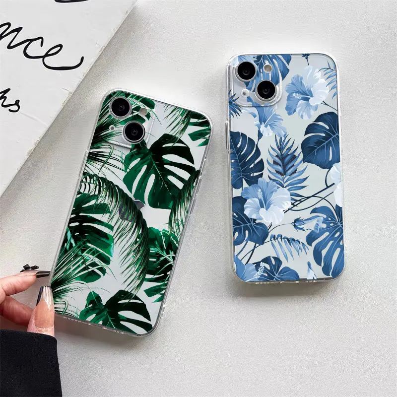 Floral Palm Leaf Painted Soft Silicone Phone Case - Ultra Clear and Durable Design