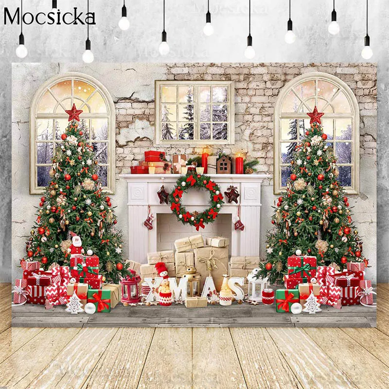 

Christmas Hearth Photography Backdrop Xmas Tree Gift Winter Snow Fireplace Photocall Kids Family Portrait Background Photostudio