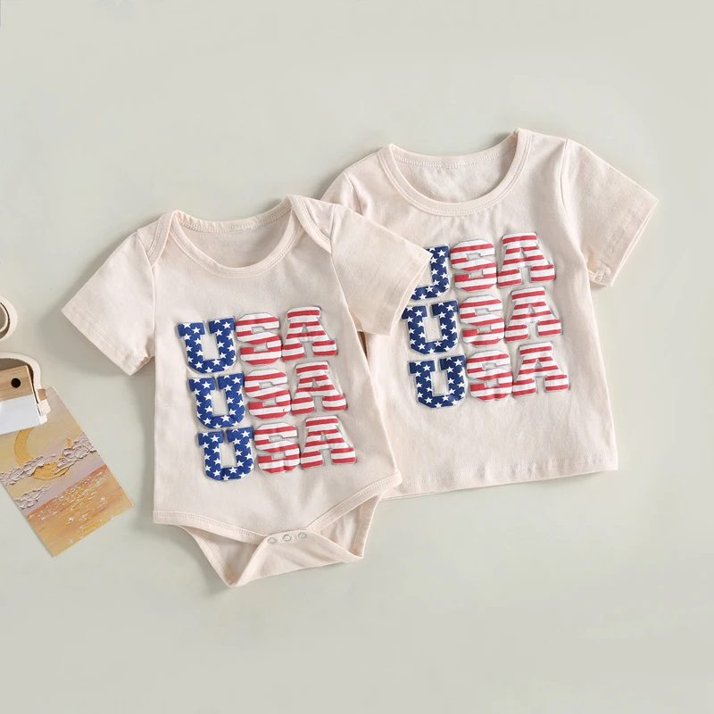 

2023-03-10 Lioraitiin 0-5Years Toddler Boys Girls T-shirt/Romper Short Sleeve Crew Neck Stars Stripes Letters Print Bodysuit