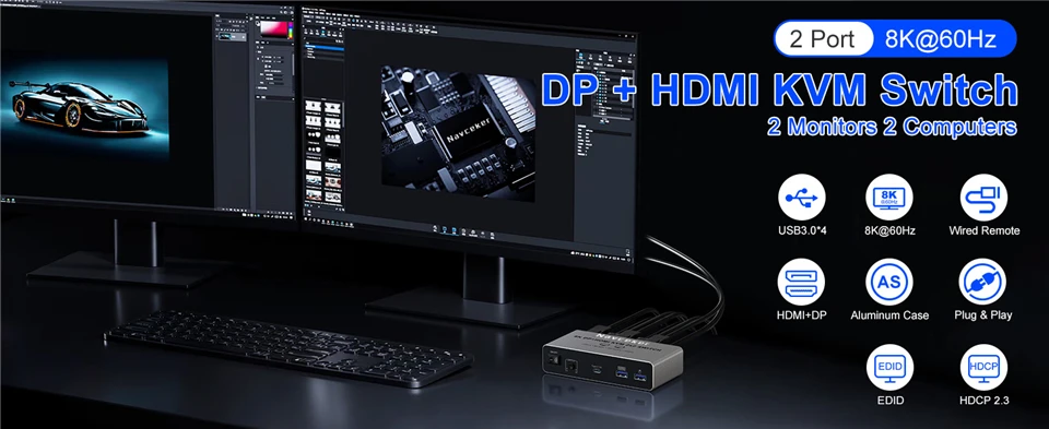 4K 240Hz 2x2 HDMI DP KVM Switch Dual Monitor Extended Display USB KVM Switcher 2