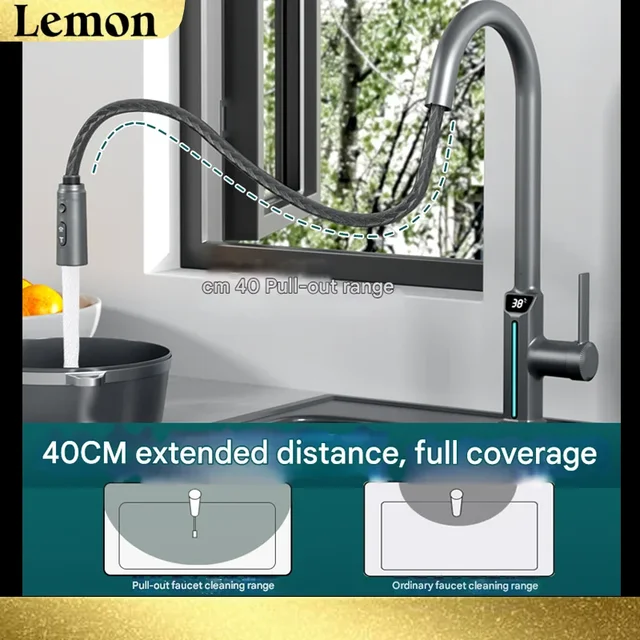 ก๊อกน้ำตก LED สีเทาปืนพร้อมจอแสดงผลอุณหภูมิดิจิตอลแบบดึงได้ห้องครัว/อ่างล้างหน้าห้องน้ำผสมก๊อกน้ำอ่างล้างหน้าร้อน/เย็น 3