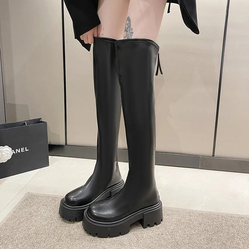 2024 NEW Shoes Woman High Heels Platform Leather High Boot Shoe Black Winter Booties Fashion Women Motorcycle Heel Casual Boots