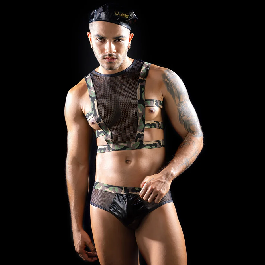 JSY Sexy Army Uniform Cosplay Lingerie Men Underwear 4 Pieces Bondage Top And Pants Set Erotic Costumes Sexy Role Play Outfit