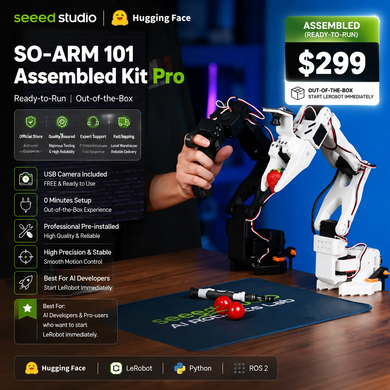 Kit Servomotore Braccio Robotico AI per Imitazione e Apprendimento, Braccio Robotico Open Source SO-ARM101 Pro a Basso Costo per Hugging Face LeRobot (Assemblato)