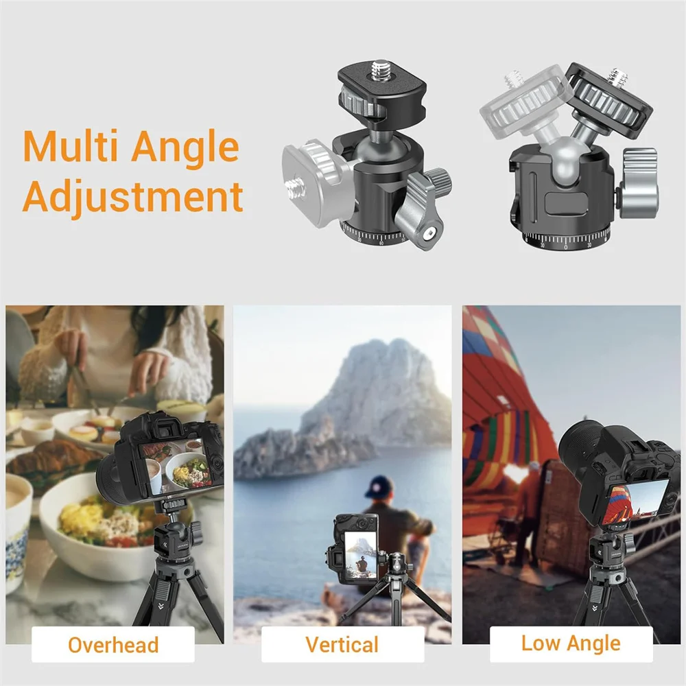 Aluminum Mini Ball Head Panoramic Tripod Head + Cold Shoe Mount Adapter for DSLR Camera Tripod Phone Mount Max Load 2.5kg/5.5lb