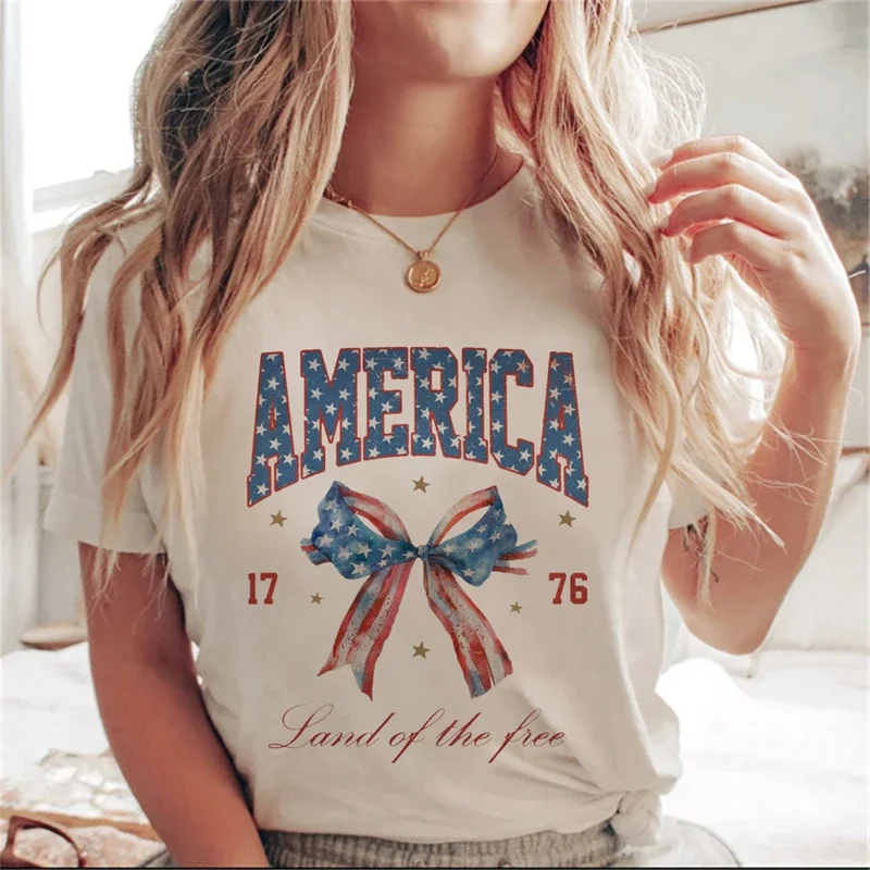 

America 4th Of July Printed Clothes Watercolor Bow Printed Women's Top T-Shirt Fashion Printed Cartoon Women's Pattern T-Shirt