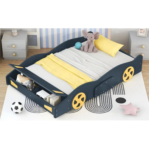 Full Size Race Car-Shaped Platform Bed with Wheels and Storage, Dark Blue+Yellow 4