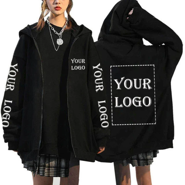 Custom Logo Zip-Up Hoodie - Personalized Unisex Jacket | DIY Printed Sweatshirt, Solid Color Loose Fit Hooded Coat